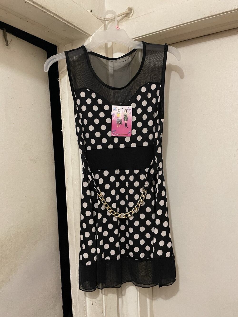 Girls Polka Dot Dress Size M Black White Sleeveless Mesh Overlay Chain Accent